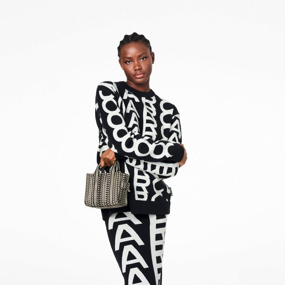 Bolso Tote Marc Jacobs Monogram Cuero Micro Tote Mujer Negros Blancos | 51948GYHA